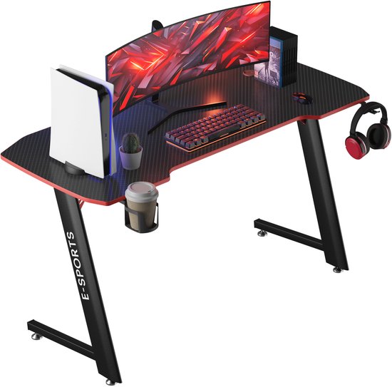 Gaming bureau zwart met rode accenten, met monitor, computer, toetsenbord, muis, headset en bekerhouder.