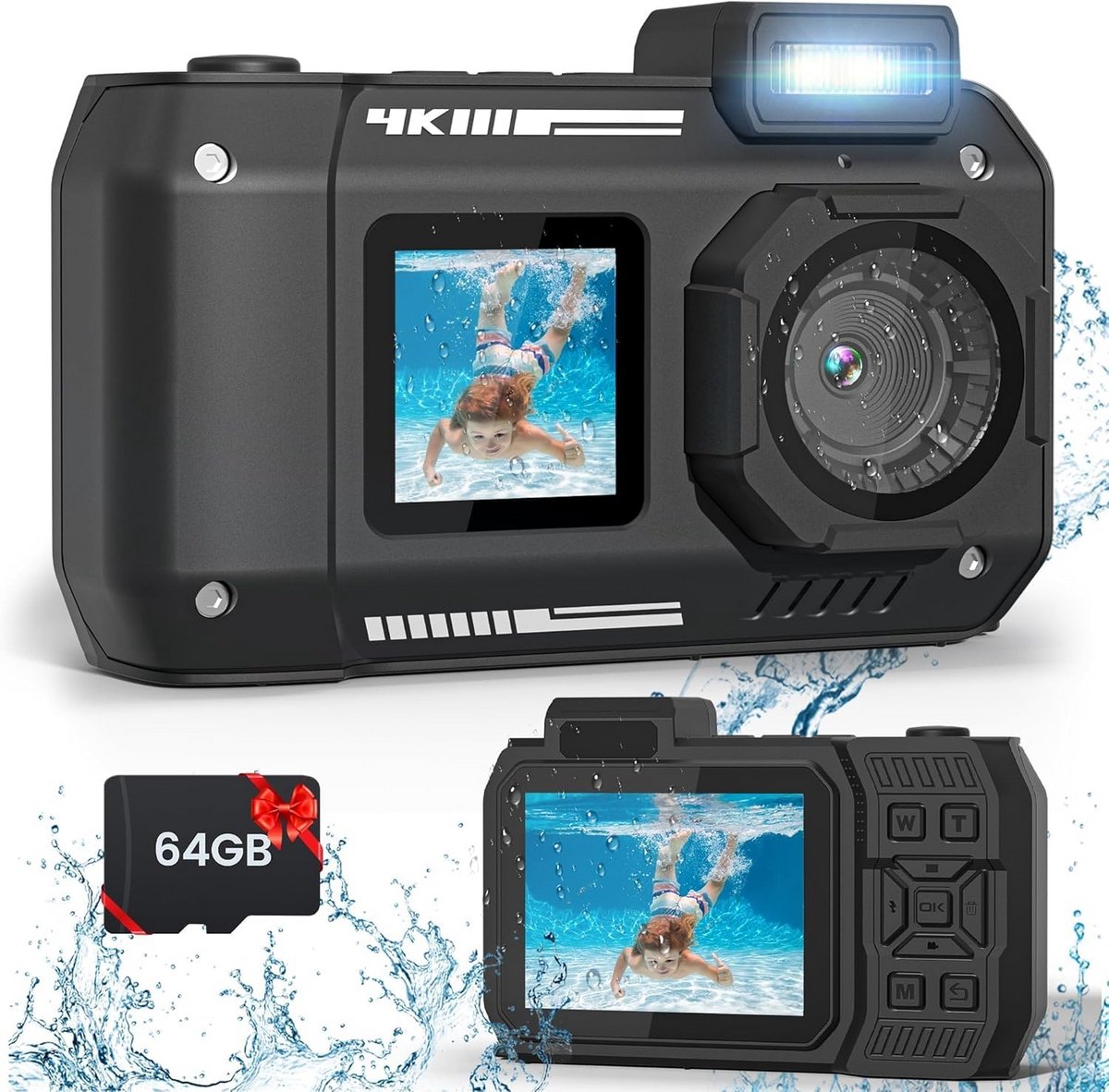Waterdichte 4K Onderwatercamera 65MP Duikcamera voor Snorkelen en Sport - Inclusief 64GB Kaart