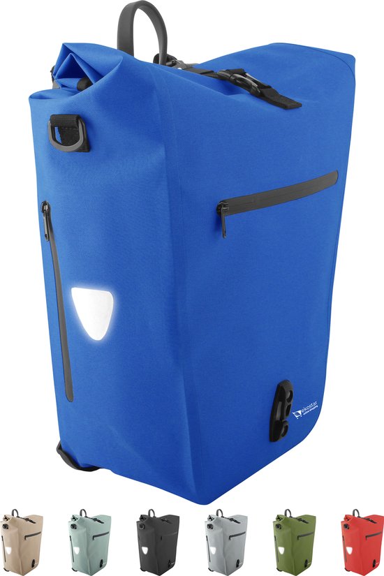 Blauwe fietstas met rolsluiting, reflecterende details en diverse ritsvakken. Inzetstukken in andere kleuren zichtbaar.