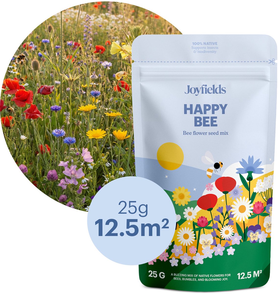 Joyfields Happy Bee - Inheems bijen- en hommelmengsel - 25 gram (12,5 m²) - Meerjarige wilde bloemen - Rijk aan nectar en stuifmeel - Voor tuinen en balkons