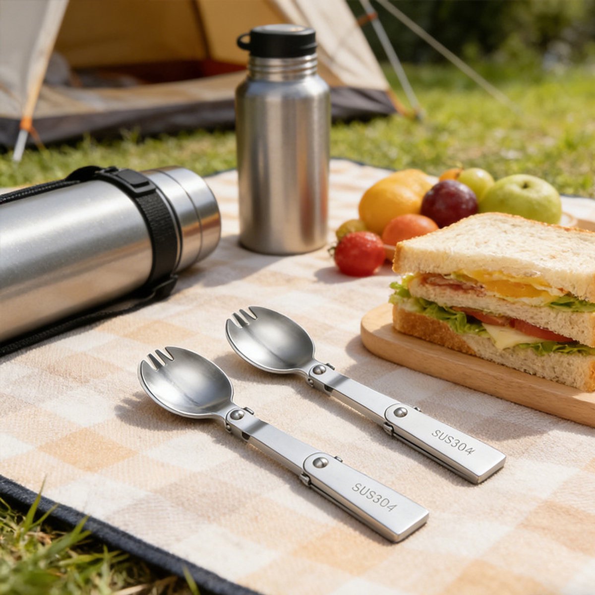 2 stuks - Opvouwbare vork en saladelepel - Roestvrijstalen drievoudig opvouwbare lepel - Draagbare opvouwbare lepel en vork - Draagbaar outdoor bestek - Geschikt voor buitenreizen en kamperen, compatibel met geïsoleerde lunchboxen — cadeau in Cadeau-ideeën - foto 4