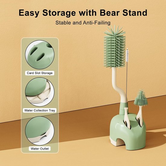 3-in-1 Silicone Flessenborstel Set met Standaard en Lange Steel — afbeelding 2