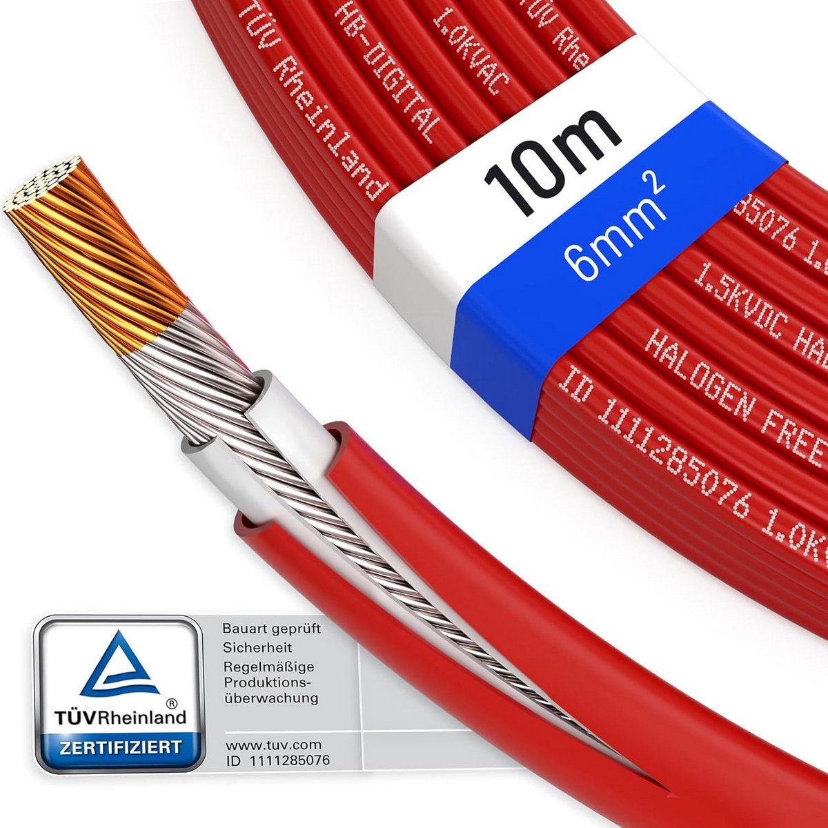 Zonnekabel PV-kabel - Zonnepaneelkabel Fotovoltaïsche kabel - Zonne-energie Installatie - UV- en Weerbestendig - 6 mm2 - Rood
