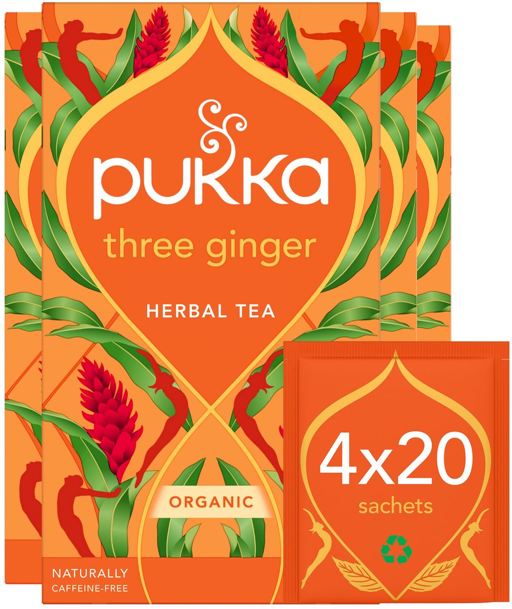 Pukka Tea Three Ginger - 80 Theezakjes - Biologische Kruidenthee - Gember Thee - 4 x 20 zakjes - Thee Voordeelverpakking