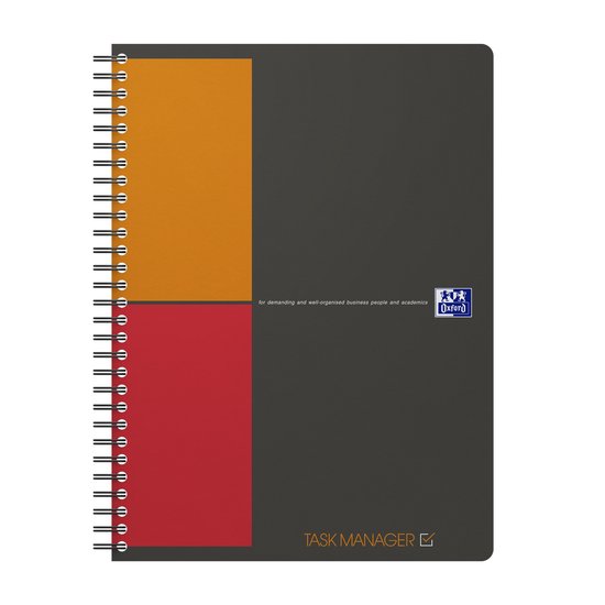 Carnet gris "Task Manager" avec blocs orange et rouge sur le côté gauche. Logo Oxford.