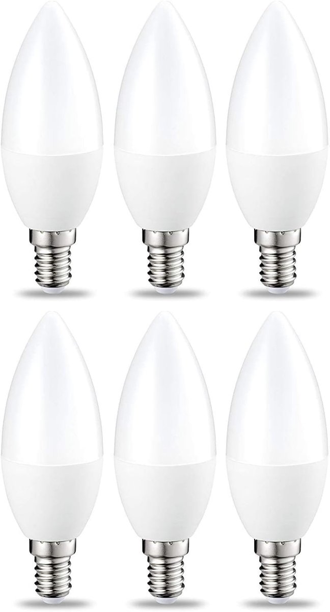 Een set van 6 kleine vlamvormige LED-lampjes, E14-fitting, 5 watt warm wit licht, niet dim