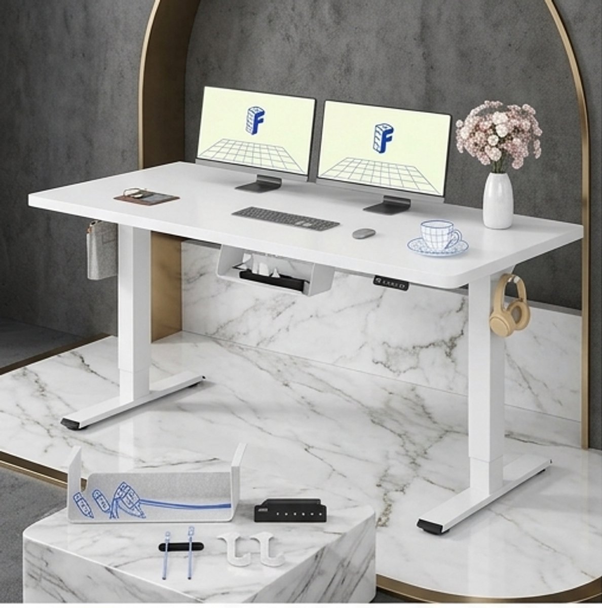 Ergonomisch Elektrisch In Hoogte Verstelbaar Bureau 160x80 cm – Dubbele Motor, Wit Tafelblad + Wit Frame – A-Furniture Ergonomische Bureautafel voor Thuis en Kantoor