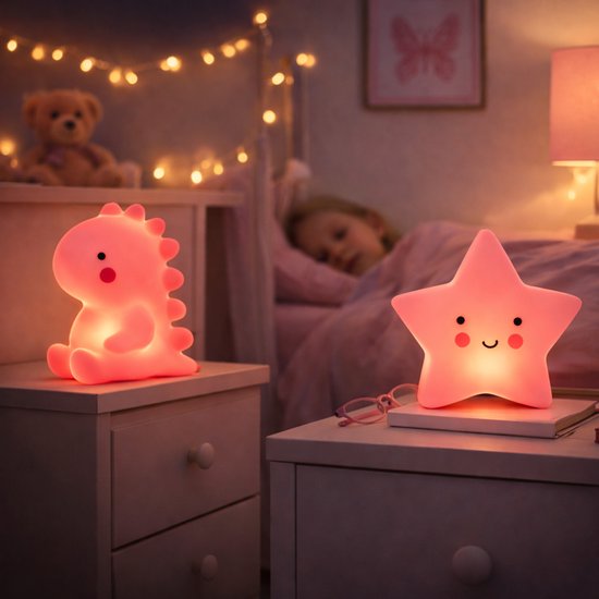 EasyMart 2-delige kindernachtlamp set - Roze Dino & Ster - LED nachtlampjes - Batterijen inbegrepen van Merkloos — afbeelding 3