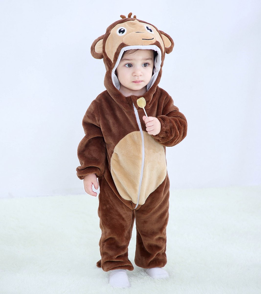 Budino® Baby Onesie - Baby Romper - Baby Pyjama - Baby Pakje - Baby Verkleedkleding - Carnavalskleding - Dier - Aap - Bruin - maat 90