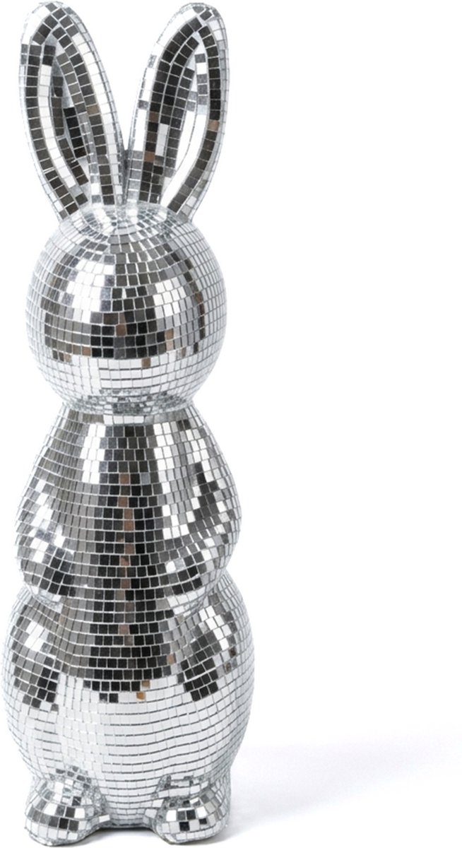 KIMU® Paashaas Discobal 38 cm Spiegeltjes - Groot Beeld Pasen Disco Haas Spiegel Konijn - Beeldje Zilver Discobol Spiegelbol Glitter Vintage Festival