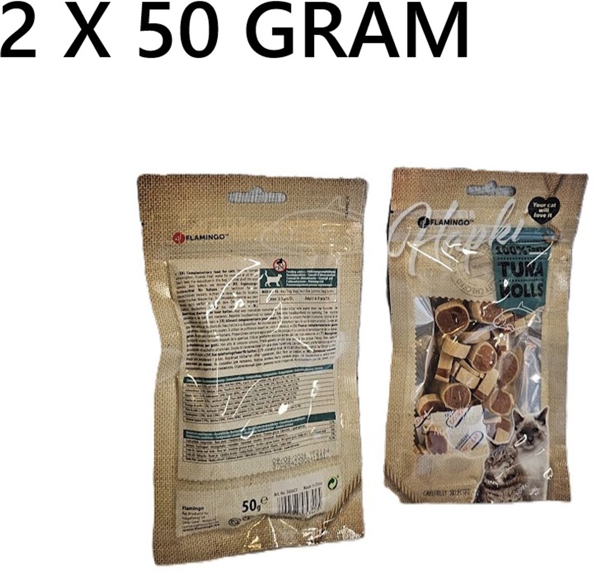 ** 2 X ** Flamingo Hapki kattensnack CHICKEN + FISH ROLLS 50 gr - glutenvrij - geen toegevoegde suiker - = 100 gram