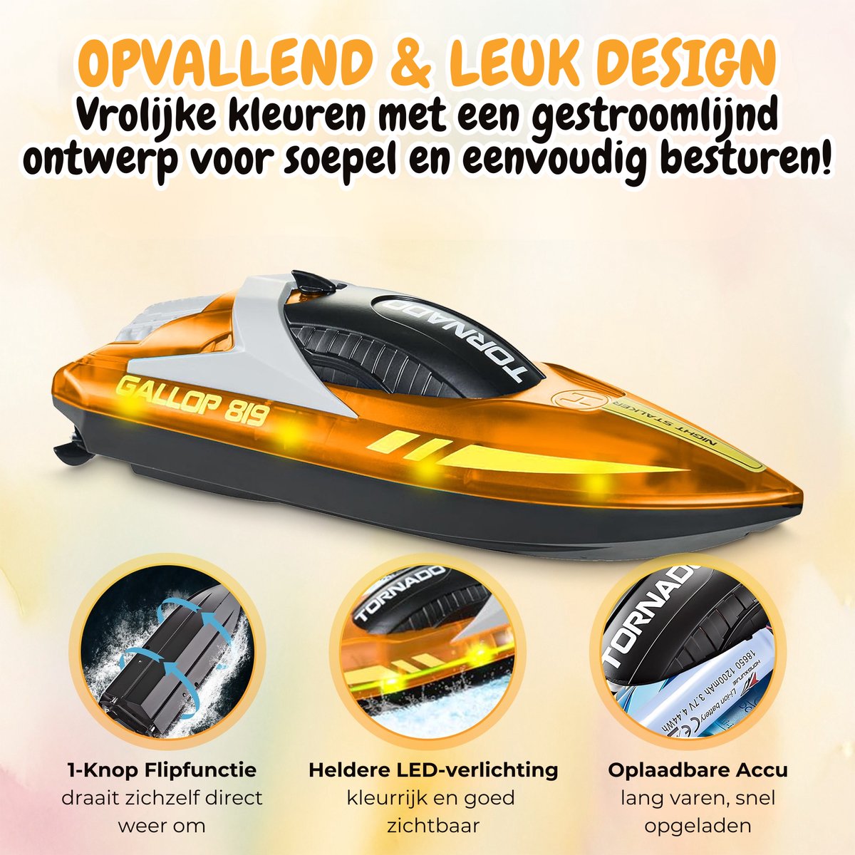 Pumpify Bestuurbare Boot – Waterspeelgoed – Met LED Verlichting – RC Boot – Snelheid Tot 15 km/h – 60m Bereik – Speelgoed Boot – Speedboot – Afstandsbestuurbare Boot - Speelgoed – 5 jaar – 6 jaar – 7 jaar – 8 jaar – 9 jaar – 10 jaar – Oranje — afbeelding 2