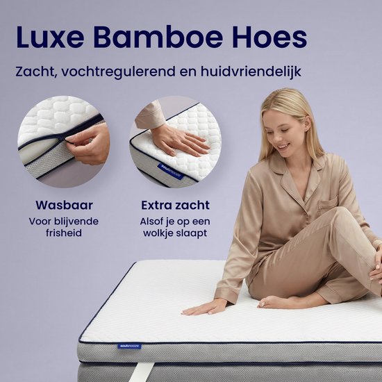 Femme en pyjama sur un matelas, avec fermeture éclair et texture douce. Housse en bambou lavable.