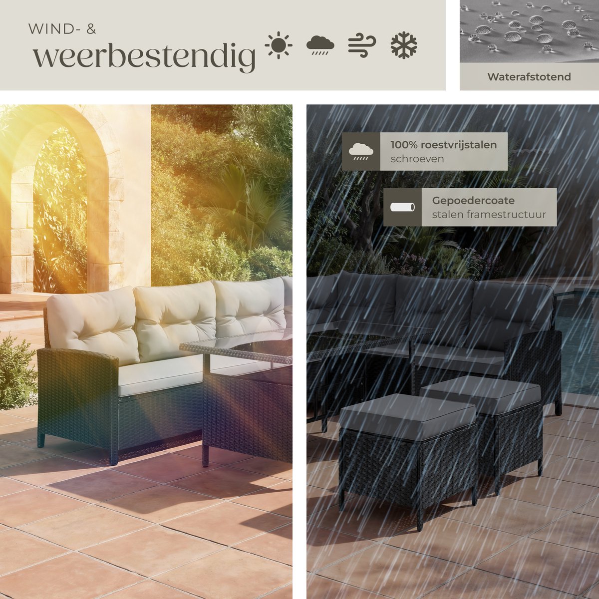 tectake® Loungeset Barletta - 6 tot 8 Personen - Modulaire Tuinset met Loungebank, Kruk en Tuintafel - Tuinmeubels - Balkonmeubel - 5-delige Zitgroep - Inclusief Kussens - Ideaal voor Tuin, Terras en Balkon - Zwart met Grijze Kussens thumbnail 6