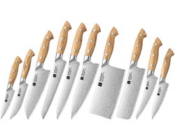 XinZuo X02O Pin Series Messenset 10-delig – Olijfhouten Handvaten – 3-Laags Composietstaal met Stonewash Afwerking