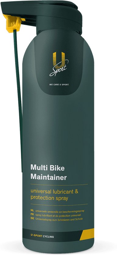 U-Sport Multi Bike Maintainer fles. Donkergroene fles met gele spuitmond en dop. Tekst "Multi Bike Maintainer".