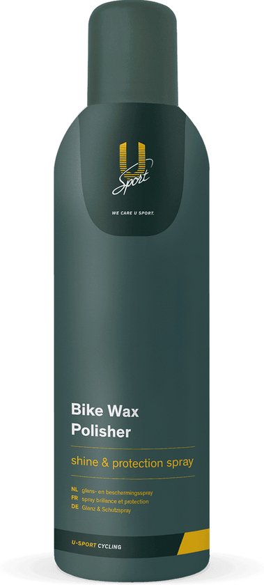 Fles Bike Wax Polisher, donkergroen met gele en witte tekst.