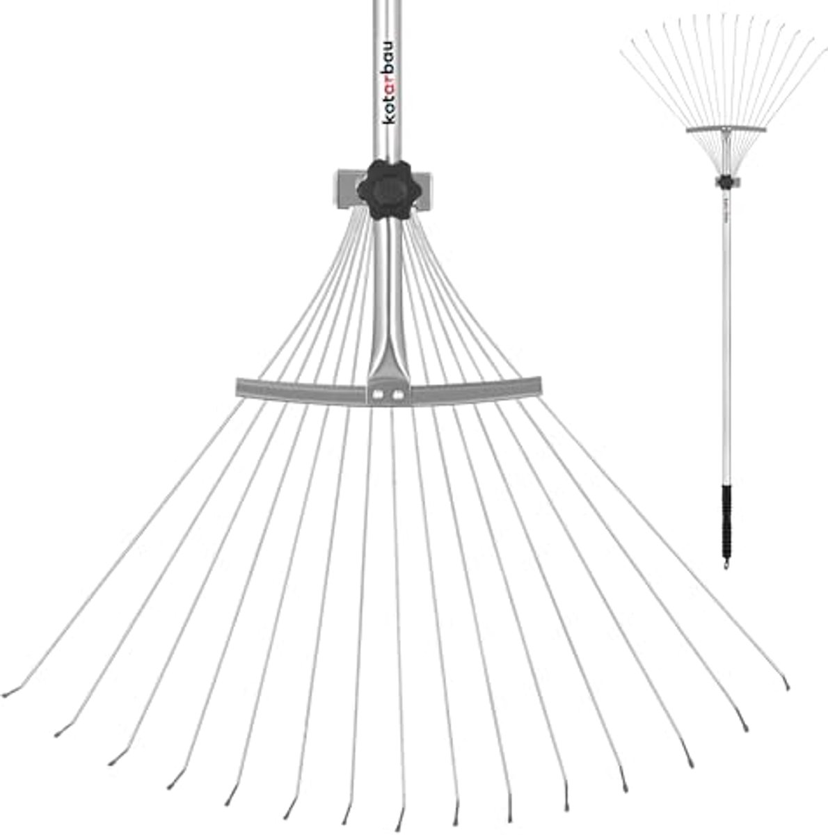 KOTARBAU® Bladhark, met Metaal Steel, Staal, Zilver, Bladbezem, Verstelbare Bladhark, 20-56 cm, Gazonhark, voor Bladeren Gras, Tuinwerk, Ergonomisch Robuust