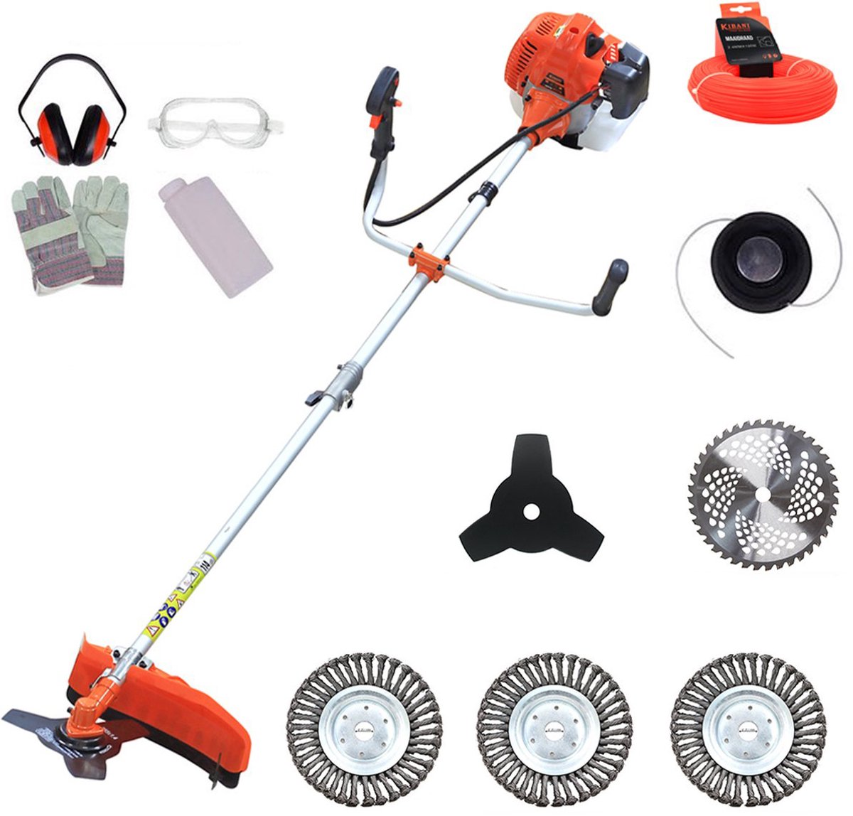 Bol.com Kibani Kantenmaaier 4-in-1 – Bosmaaier Benzine - 52 cc / 1.9 pk 2-takt Motor – Incl. 3 Onkruidborstels, Maaidraad, Zaagb... aanbieding