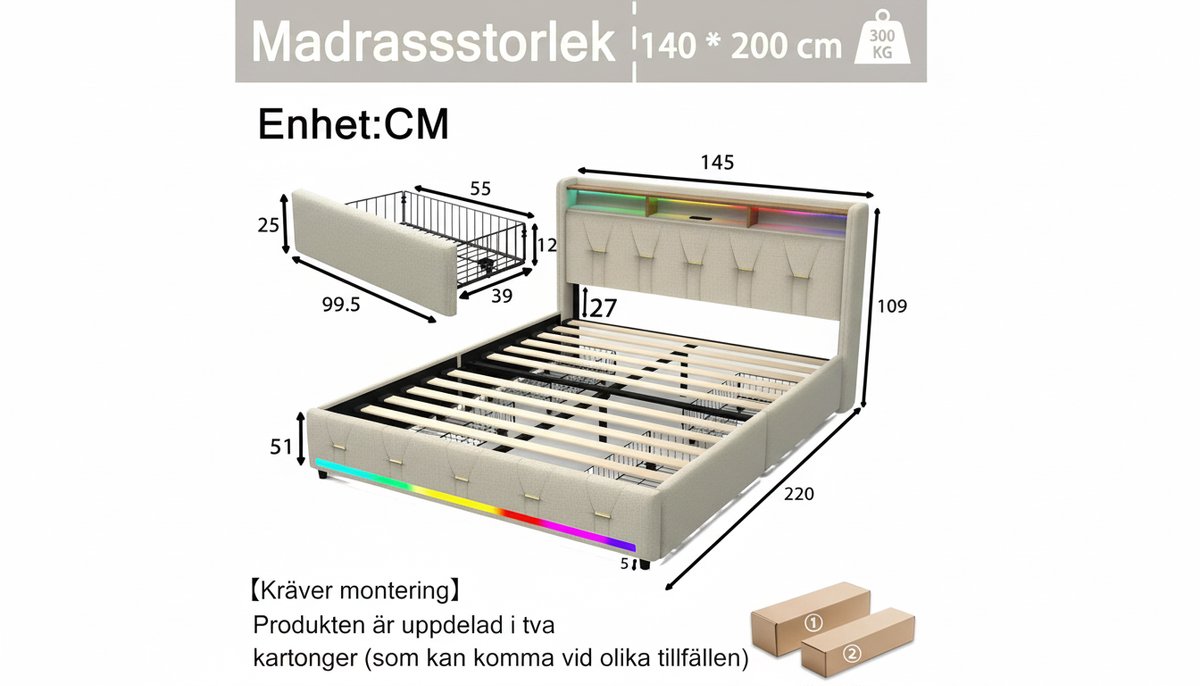 Gestoffeerd Tweepersoonsbed 140x200 cm met LED Verlichting, 4 Opberglades, USB & Type-C Oplaadstation, Opberghoofdbord en Houten Lattenbodem – Modern Linnen Bedframe met Opbergruimte – Beige – Casa Velluto Aurora Smart Storage Bed