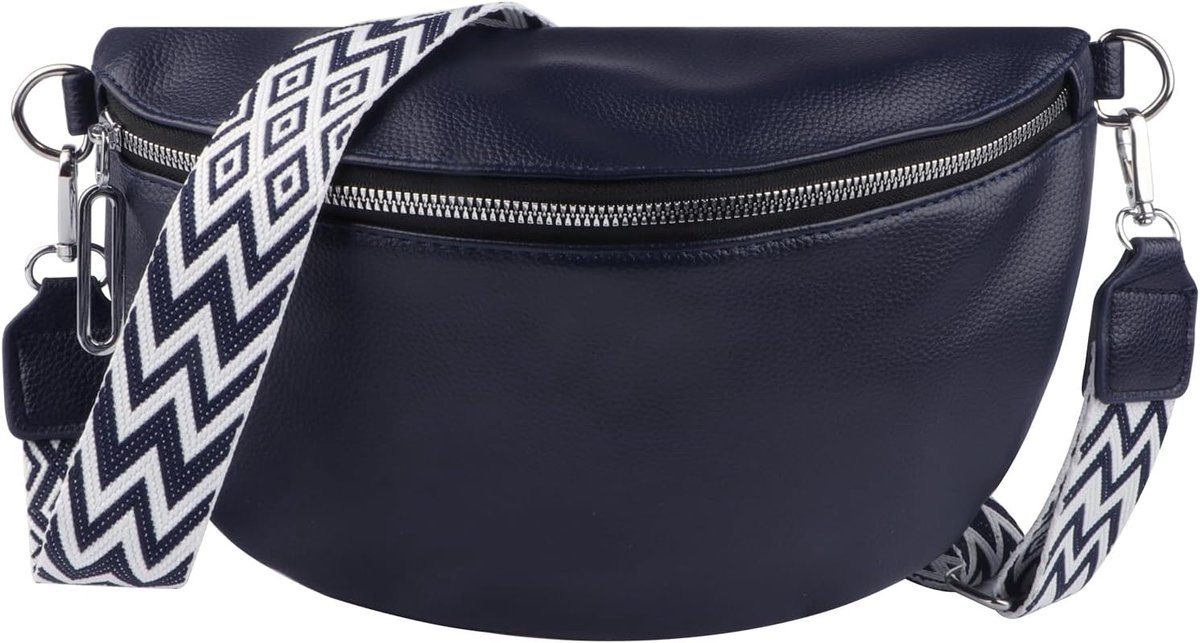 Leren Schoudertas Dames Blauw - Crossbody Tas met Brede Band en Rits