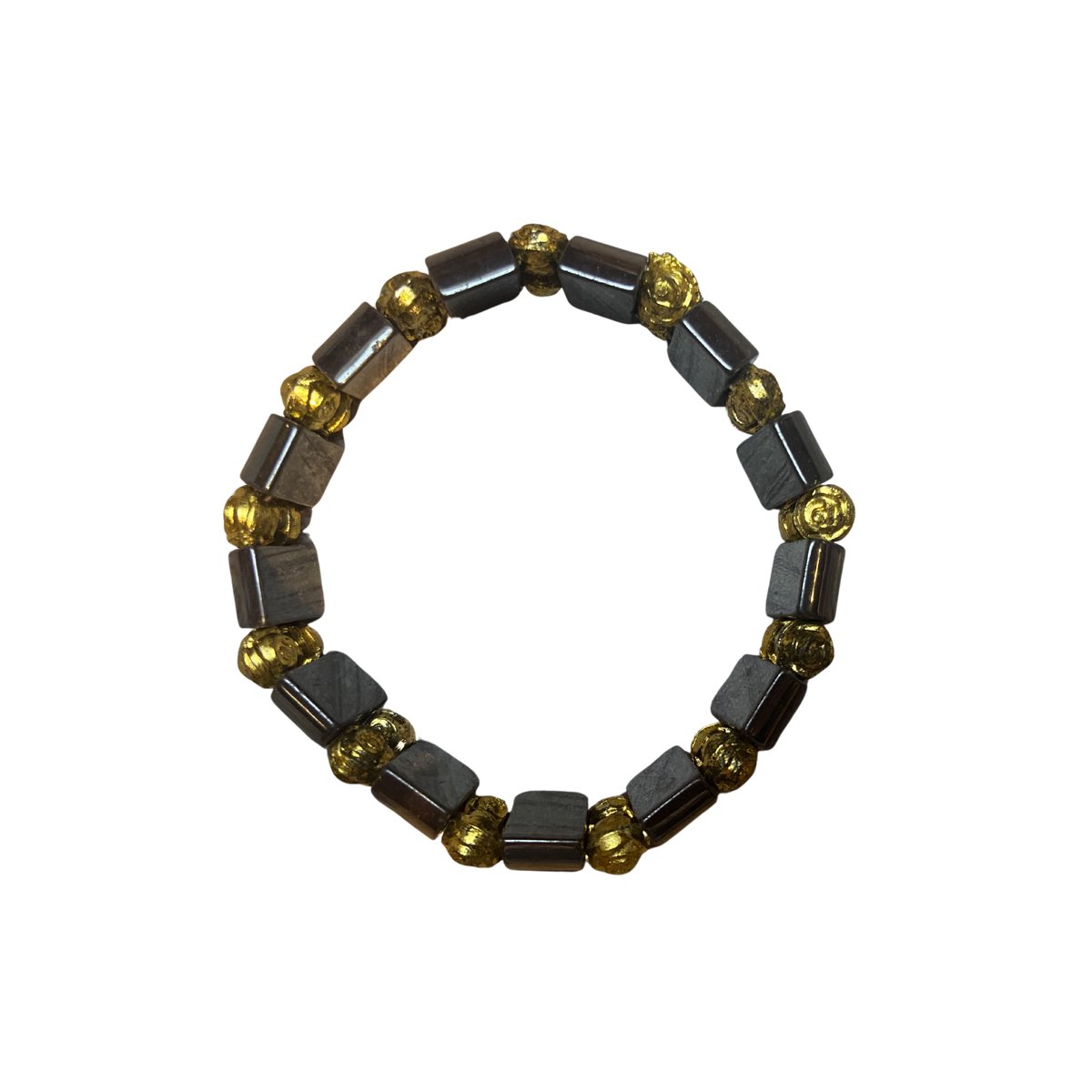 Edelsteen Hematiet Armband Zwart & Goud – Elastische Kralenarmband met Goudkleurige Roosjes – Nikkelvrij
