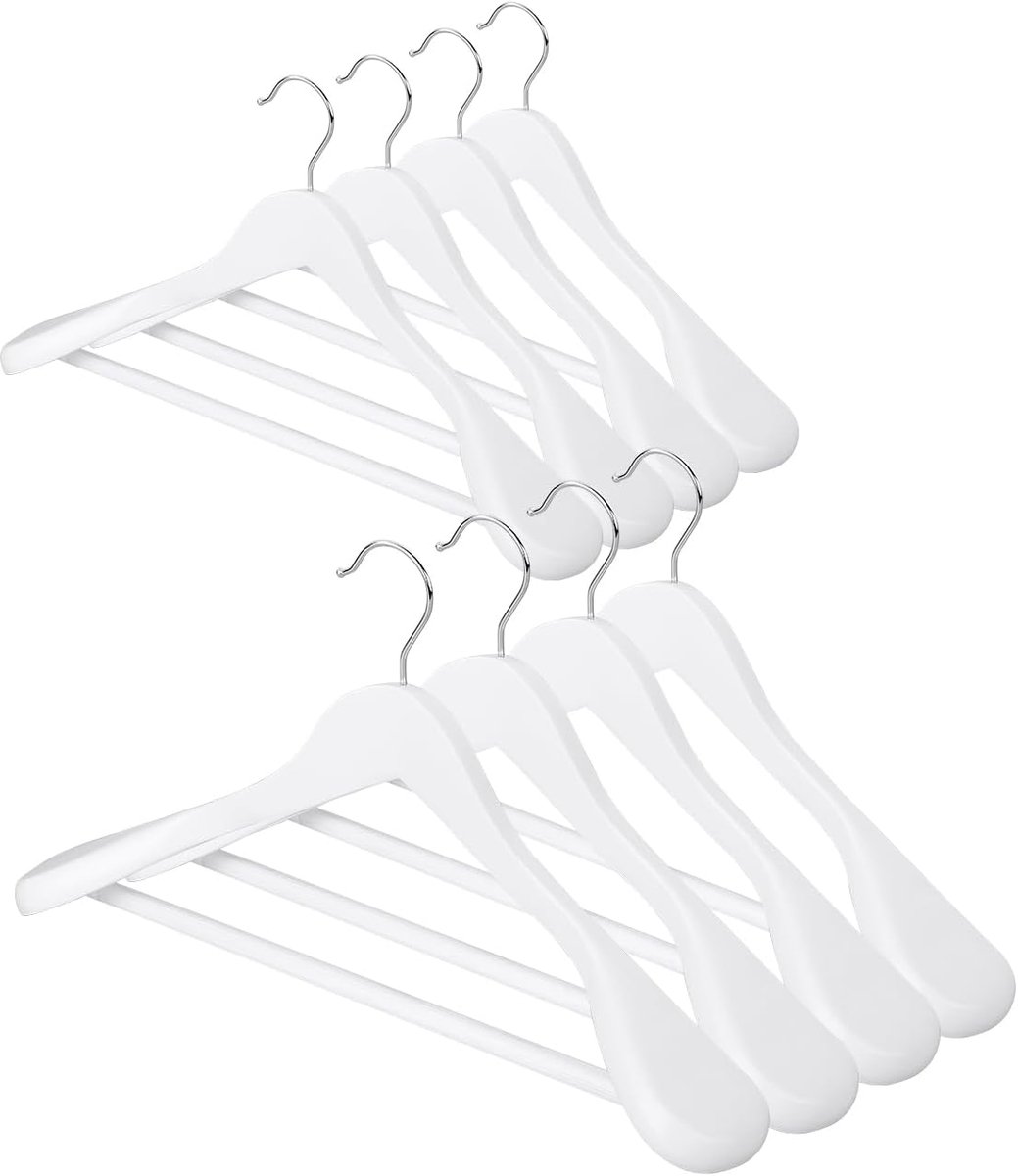 Set van 8 Witte Houten Kledinghangers met Brede Schouders en Antislip Stang