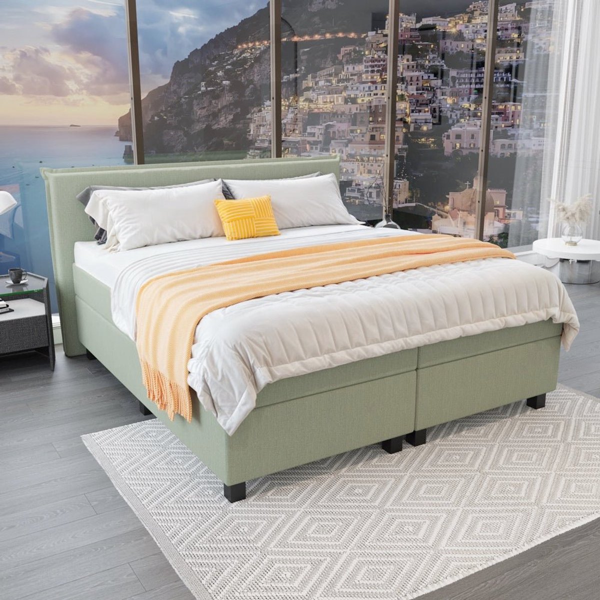 Mörgenn Boxspring Capri - Pocketvering Boxen en matrassen - Luxe 12cm topper - Groen - 80x200 cm - Inclusief Dekbed en Kussens