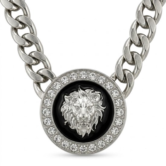 Zilverkleurige schakel ketting voor dames en heren met ronde hanger leeuw en strass