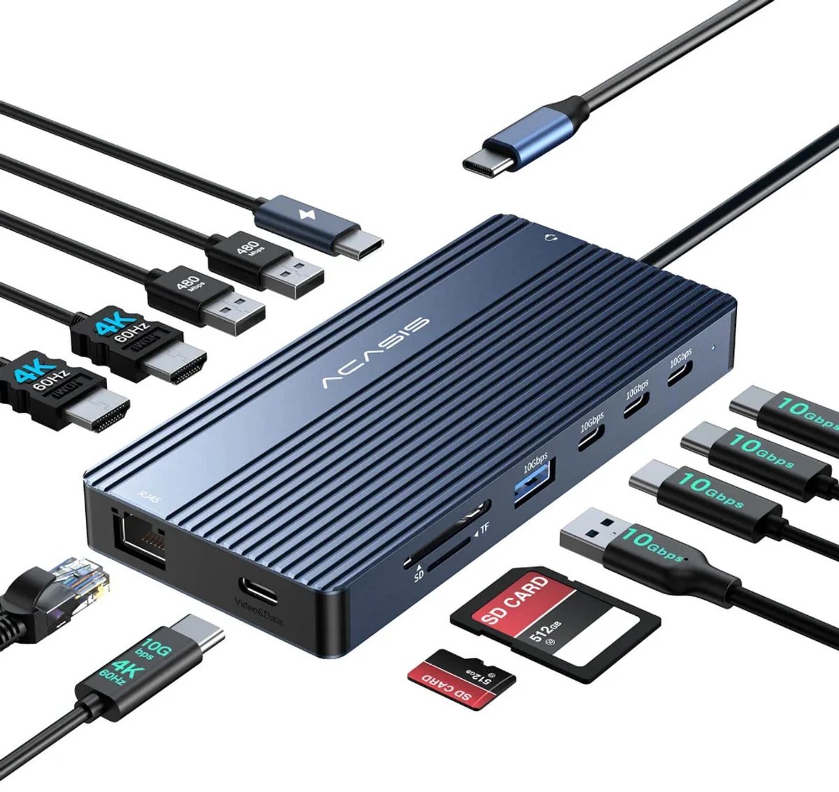 Acasis - 14-poorts - 4K 60Hz - USB-C dockingstation - PD - 100W Opladen - USB C Video & Data