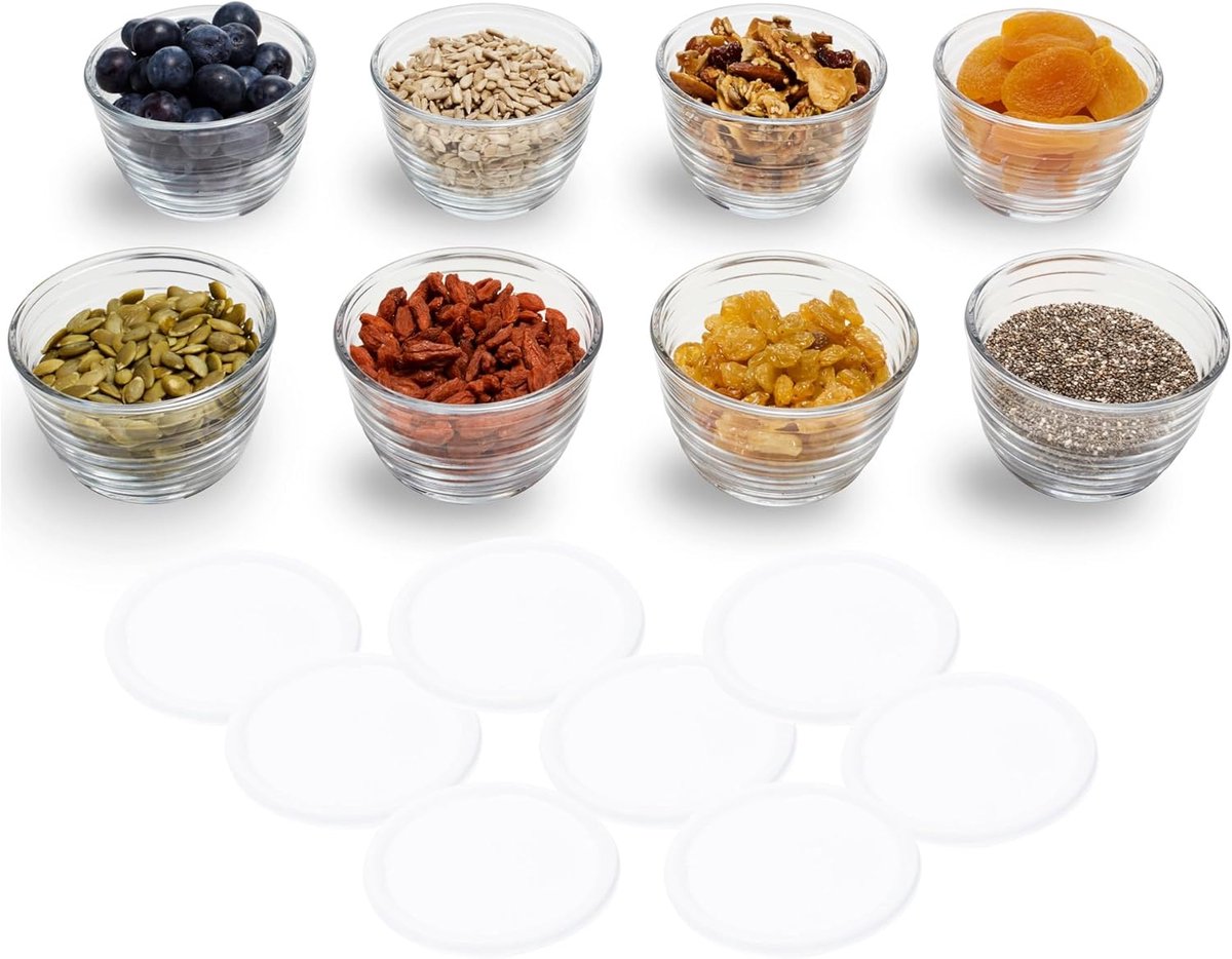 Set van 8 Kleine Glazen Kommetjes met Deksel - 200 ml - Ideaal voor Voorbereiding en To Go