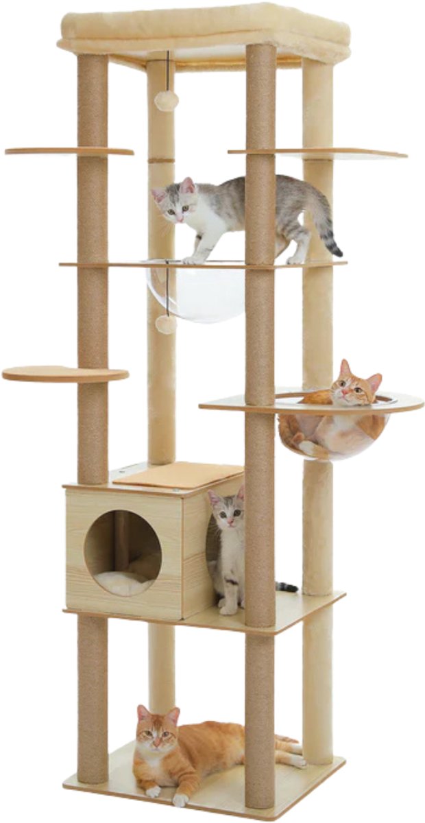 EcoPawPaw Krabpaal 180 cm – Kattenboom met Kattenhuis, Ligplatforms, Sisal Krabpalen en Transparante Hangmand