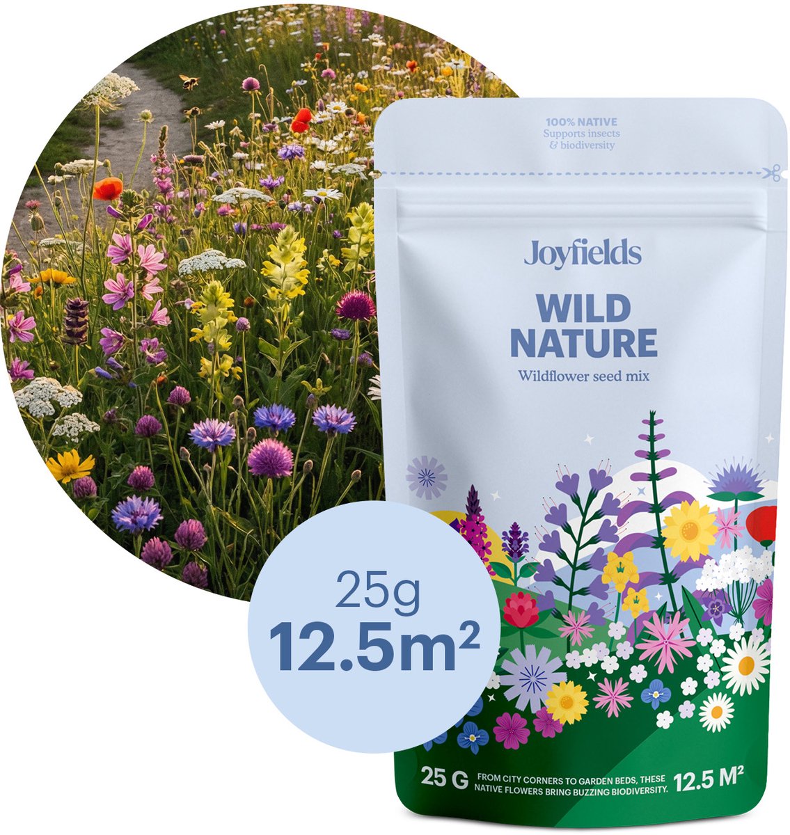Joyfields Wild Nature - Wildbloemenmengsel - 25 gram (12,5 m²) - 25+ Inheemse Bloemsoorten - Lokt bestuivende insecten - Meerjarige wilde bloemen