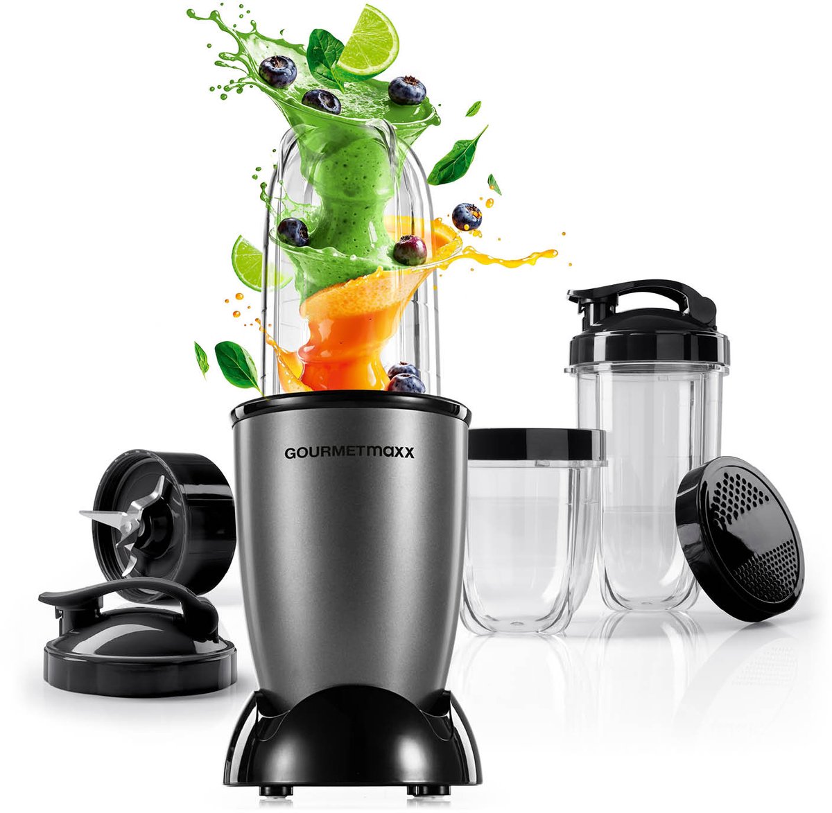 GOURMETmaxx Mr. Magic Power Pro Mixer 400 Watt | Smoothiemaker met deksel om mee te nemen | Staande mixer met blenderkom en deksel | Blender met L-accessoireset voor shakes enz.