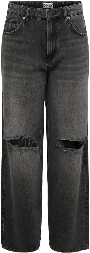 Een stonewashed grijze spijkerbroek met wijde pijpen en scheuren op de knieën.