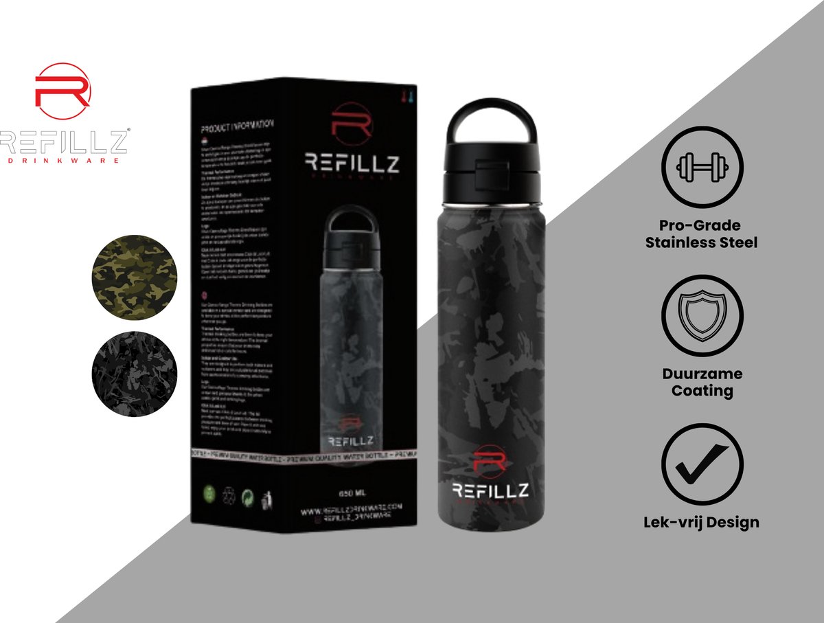 Refillz Drinkware® - (NEW) Camou Bottle Urban Grey&Black - Dubbelwandige Thermo Drinkfles 650ML - Waterfles - RVS Bidon - Click & Lock Lid Pro - 24u koud / 12u warm - Lekvrij Design - BPA Vrij