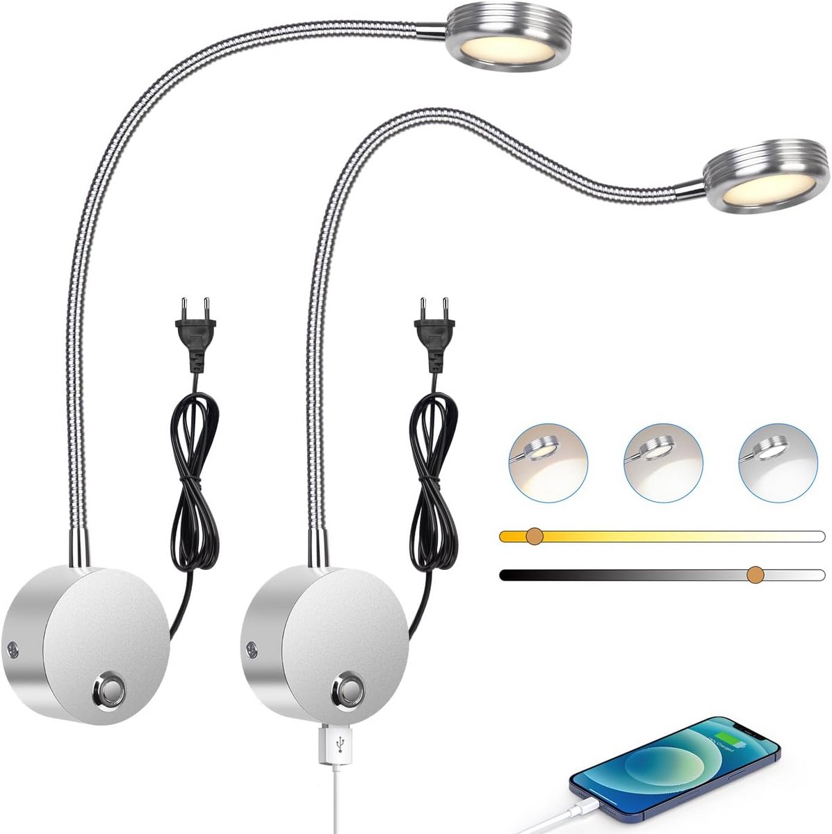 2 stuks LED leeslamp wandmontage met USB-poort en touchdimmer