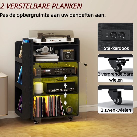 Puluomis - Platenspeler Meubel - LP-kast - Met stekkerdoos - RGB-lichtstrip - Platenspeler Kast - Platenspelerstandaard - Vintage Display Plank — afbeelding 3