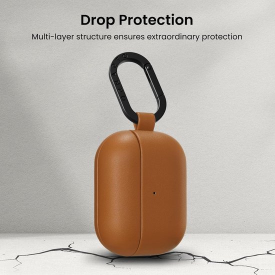 ORNARTO voor AirPods Pro 2 hoes, veganistisch lederen hoes, bruin leer - Veganistische lederen hoes, led aan de voorkant, draadloos opladen, krasbestendig, zachte aanraking, metalen karabijnhaak — afbeelding 2