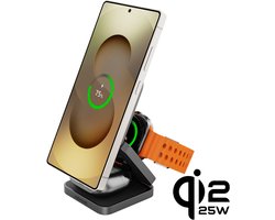 Cubenest SQS312 Pro - 3-in-1 Draadloze Oplader - 35 W Snellader - Qi2.2 Oplaadstation - Opvouwbaar - Geschikt voor Samsung en Apple smartphones - Buds en Airpods - Galaxy Watch - grijs