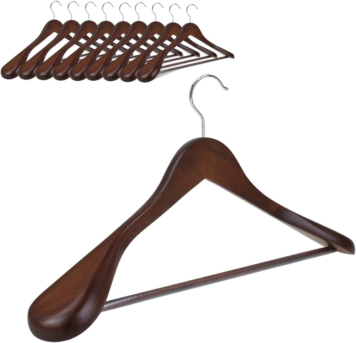 Set van 10 Natuurlijke Houten Kledinghangers met Antislipstang en Draaibare Haak