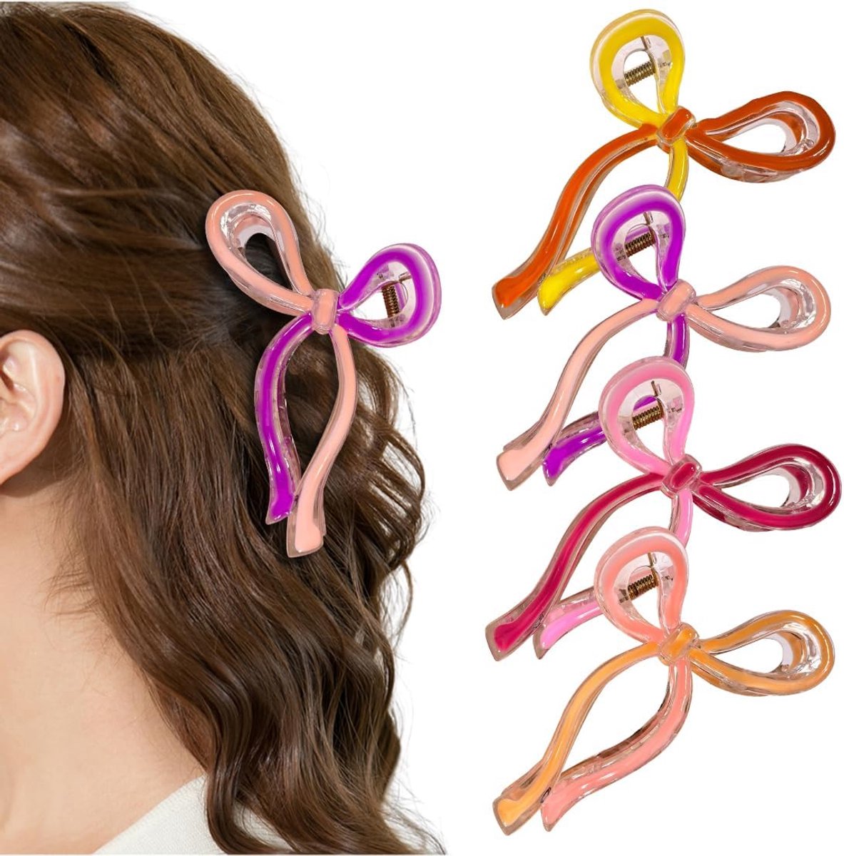 Set van 4 Grote Haarclips met Strik Veerhaken Stevige Anti-Slip Klemmen voor Dik en Dun Haar