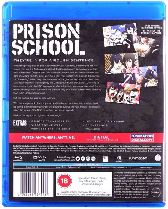 De achterkant van de Prison School Blu-ray box met details over de serie en kleine afbeeldingen.