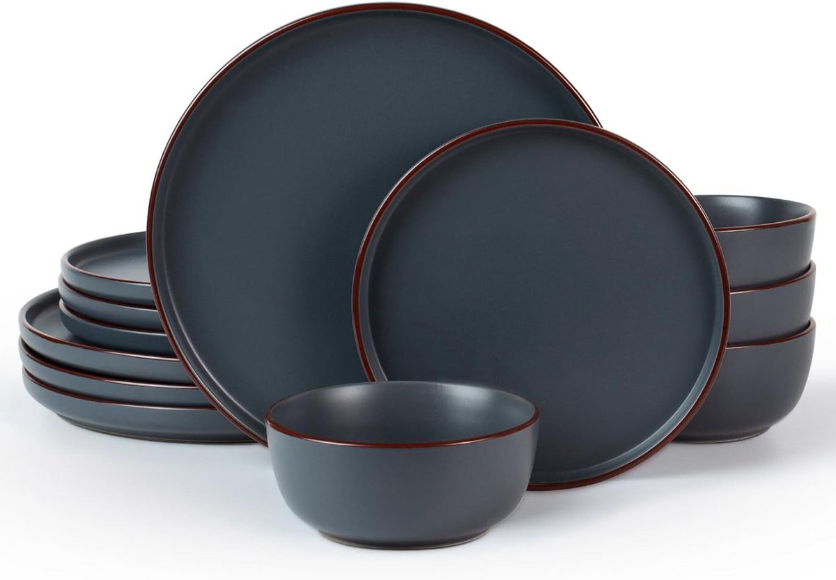 12-Delig Borden en Kommen Set voor 4 Personen - Steengoed Servies Set - Magnetron- en Vaatwasmachinebestendig - Antraciet