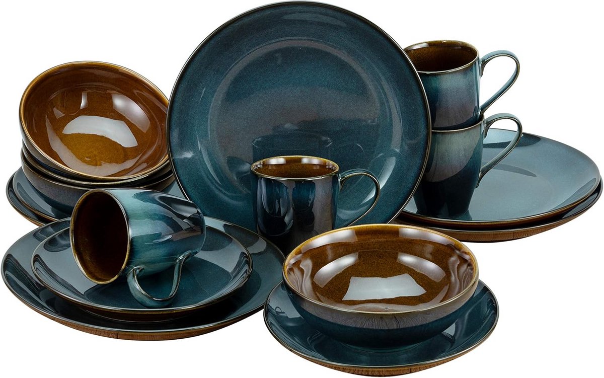 16-delige Aardewerk Servieset Combi Servies Blauw Met Terracotta Accent