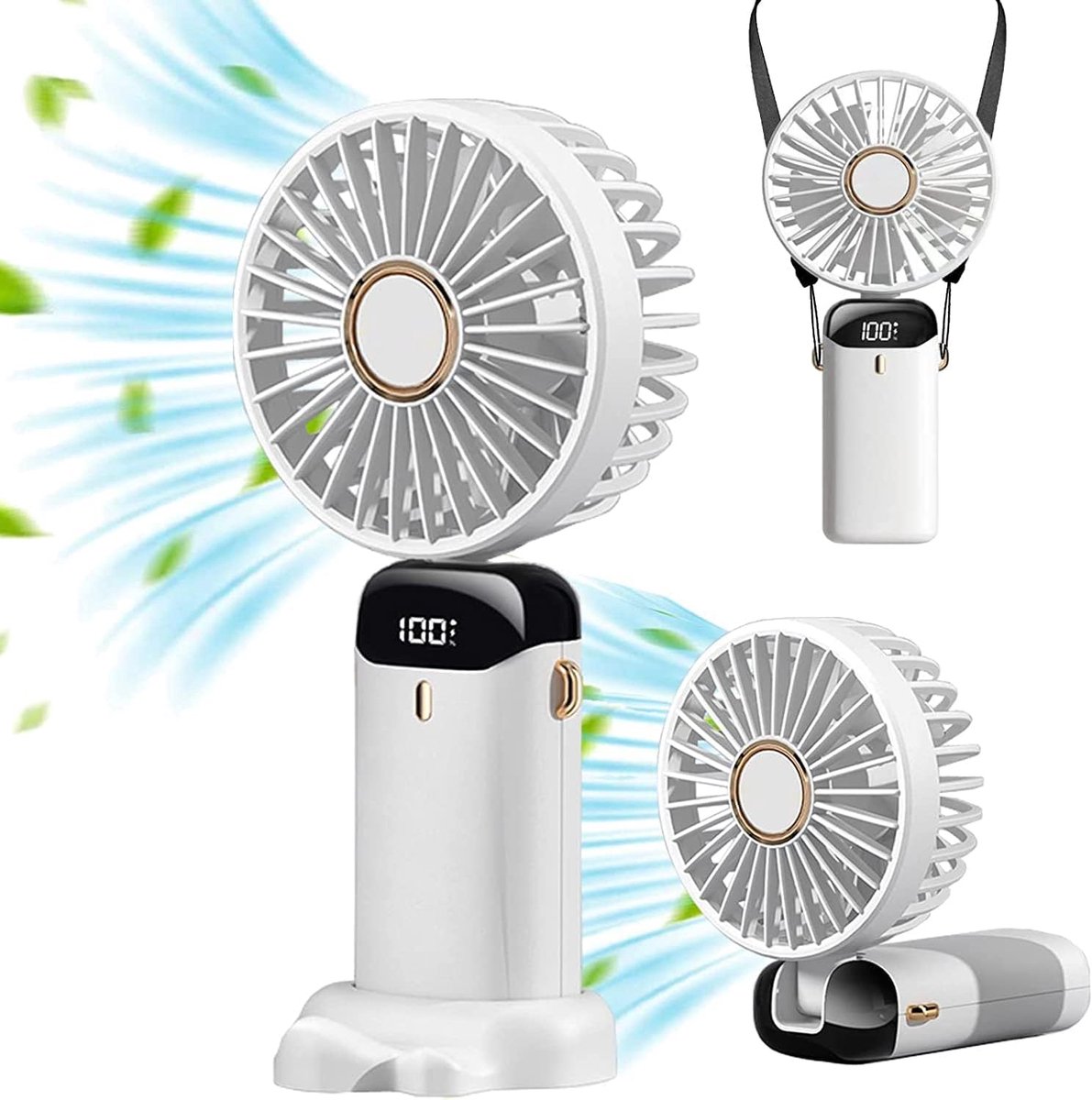 Draagbare USB-miniventilator, draagbare elektrische ventilator, oplaadbare batterij, opvouwbare ventilator, compatibel met laptops, multi-poorts aansluiting, voor thuis- en reisgebruik (wit)