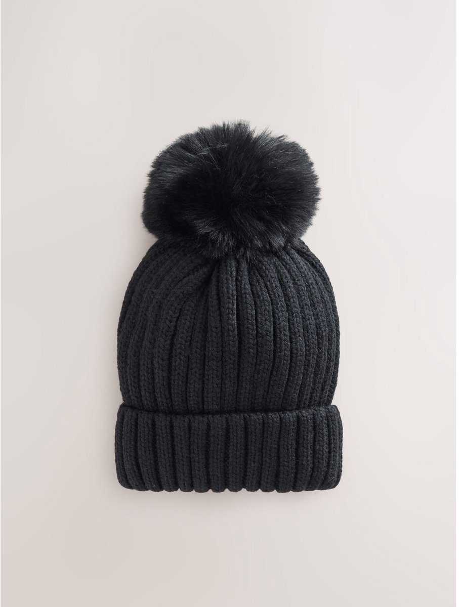 Next - Meisjes - Geribbelde beanie met pompon - Zwart