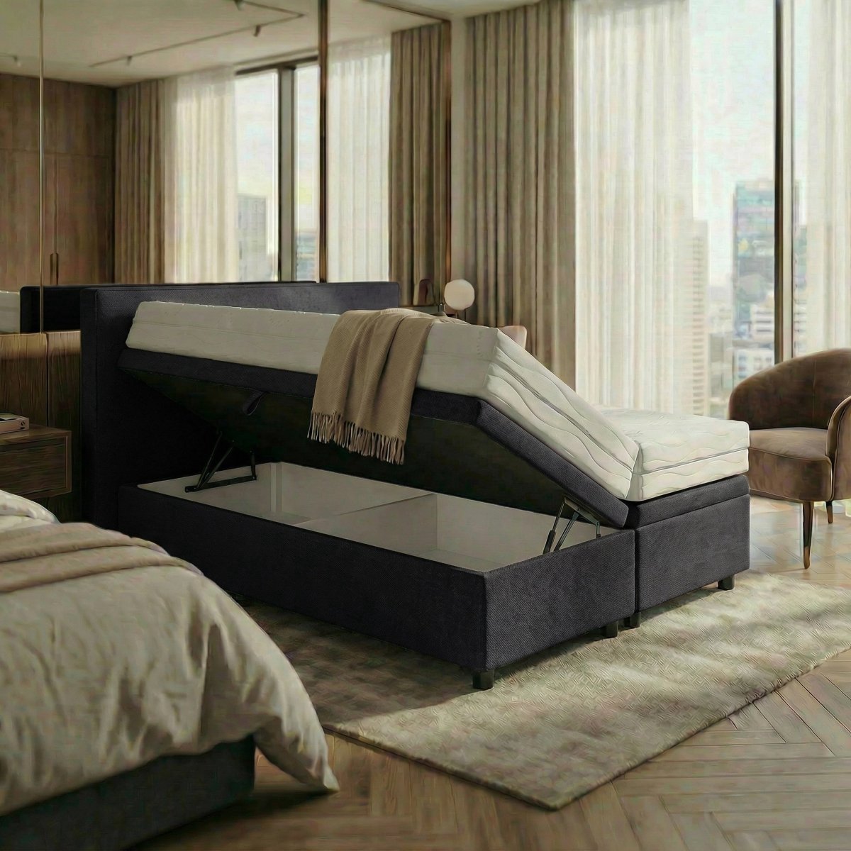 Mörgenn Opbergboxspring Havn met klep - Met Suprême Matras - Zwart - 90x210 cm - Inclusief