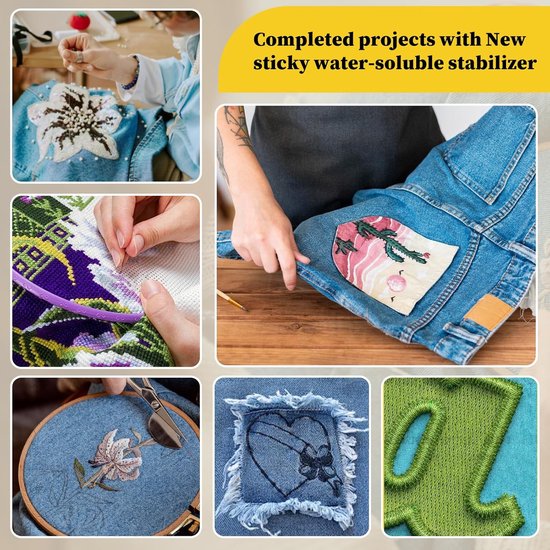Voorbeelden van voltooide borduurprojecten op kleding, waaronder bloemen, harten en abstracte ontwerpen.