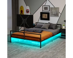 MODFU Gaming Bed van metaal 90x200 cm – Met RGB LED & verstelbare monitorhouder – Inclusief opbergkorf – Voor gamer & student – Zwart